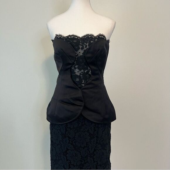 CUSHNIE ET OCHS Strapless Black Duchess Satin Lace Midi Dress Size 6 - Picture 4 of 15
